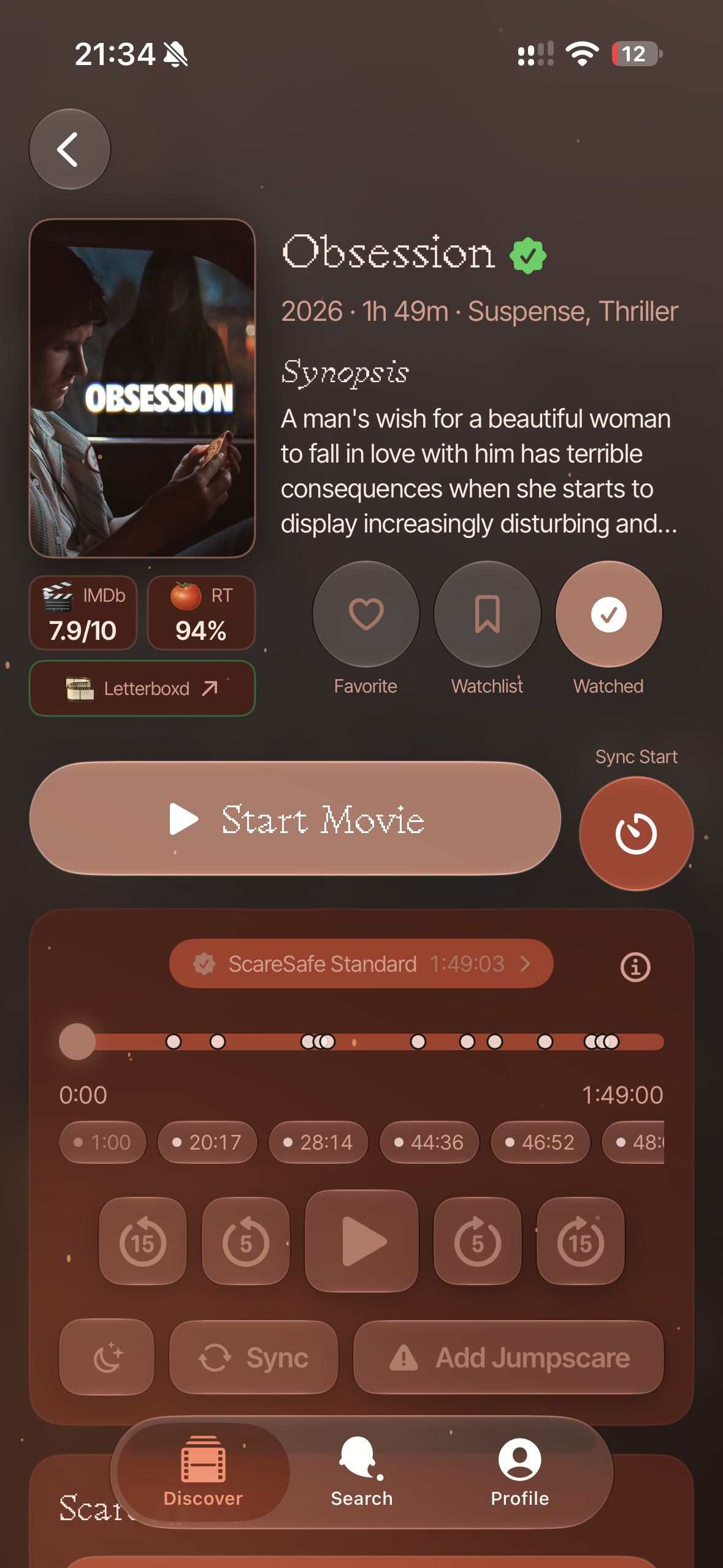 ScareSafe movie details and synchronized timeline